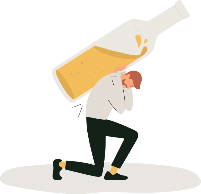 Ilustración de hombre sosteniendo una botella de alcohol en sus hombros, simbolizando su propio consumo de alcohol