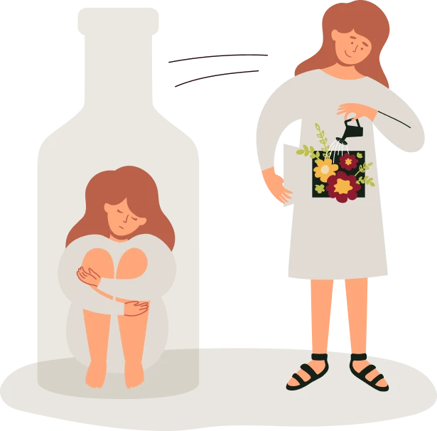 Ilustración de una mujer atrapada en una botella de alcohol, seguido de ella liberándose, simbolizando que HORA CERO, CERO te proporciona una visión más precisa, más amplia y profunda para liberarte de la dependencia al alcohol. 