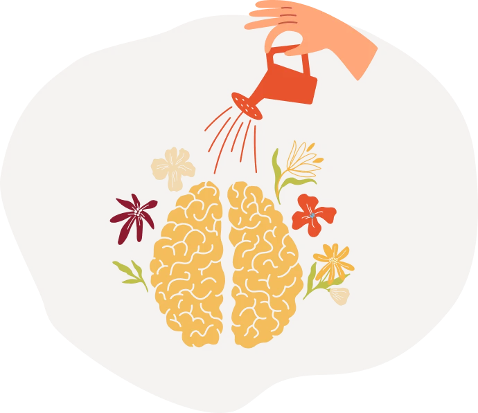 Ilustración de un cerebro rodeado de flores siendo regado como una flor mas. Naciste sin alcohol. Antes de empezar a beber, no lo necesitabas, ni lo echabas de menos.