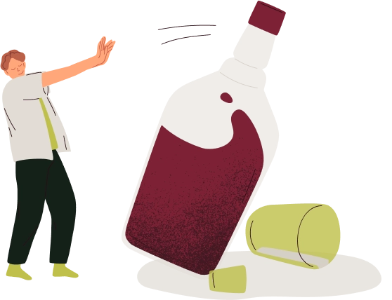 Ilustración de persona apartando felizmente una botella de alcohol, simbolizando que " Antes de empezar a beber, no lo necesitabas, ni lo echabas de menos."